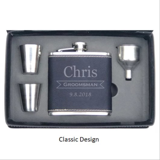 Engraved Faux Leather Shot Glasses and 6 oz. Flask (Front)