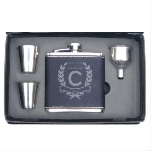Engraved Faux Leather Shot Glasses Set & Hip Flask (Front)