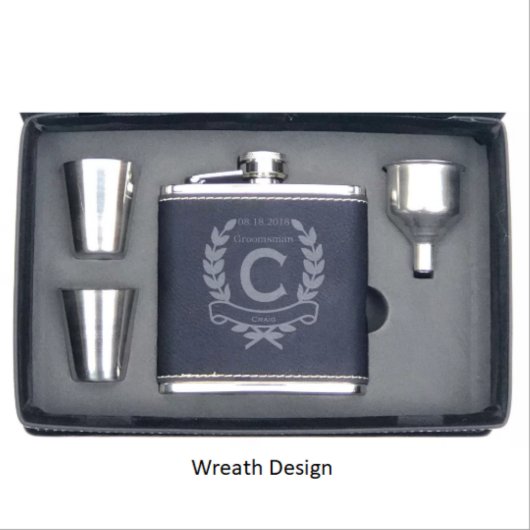 Engraved Faux Leather Shot Glasses Set & Hip Flask (Front)