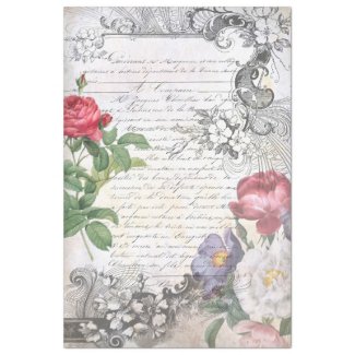 Engraved Floral French Script Ephemera Decoupage Tissue Paper