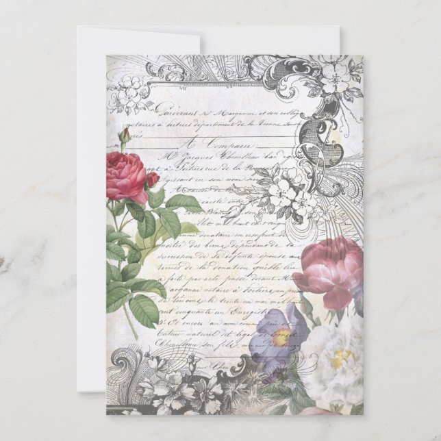 Engraved Floral French Script Ephemera Note Card (Front)