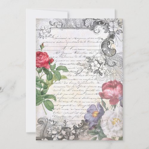 Engraved Floral French Script Ephemera Note Card