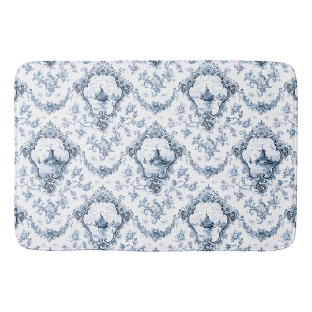 Engraved Floral Toile w/Windmill & Boats-Blue Bath Mat (Front)