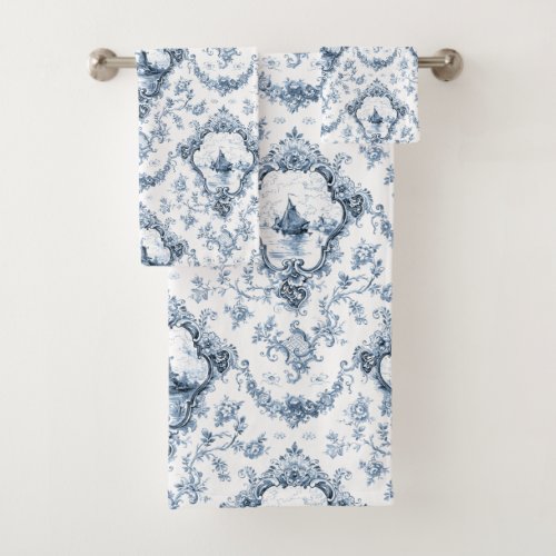 Engraved Floral Toile wWindmill  Boats_Blue Bath Towel Set