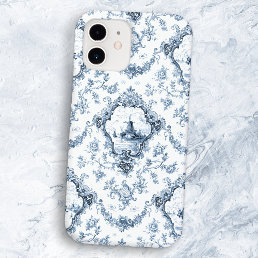 Engraved Floral Toile w/Windmill &amp; Boats-Blue iPhone 12 Case