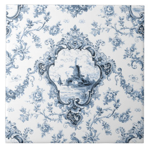 Engraved Floral Toile w/Windmill & Boats-Blue Ceramic Tile