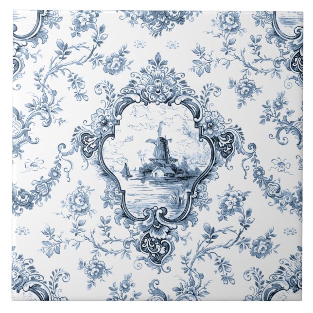 Engraved Floral Toile w/Windmill & Boats-Blue Ceramic Tile (Front)