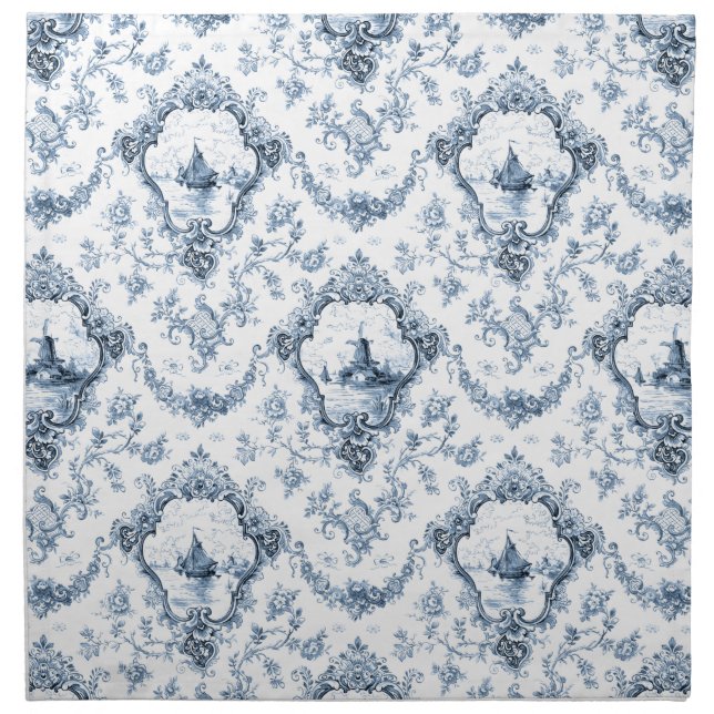 Engraved Floral Toile w/Windmill & Boats-Blue Cloth Napkin (Front)