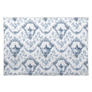 Engraved Floral Toile w/Windmill & Boats-Blue Cloth Placemat