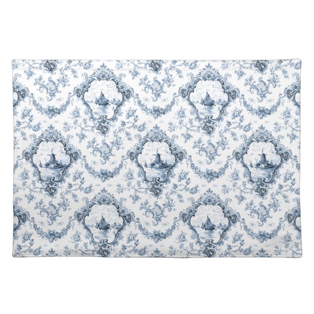 Engraved Floral Toile w/Windmill & Boats-Blue Cloth Placemat (Front)