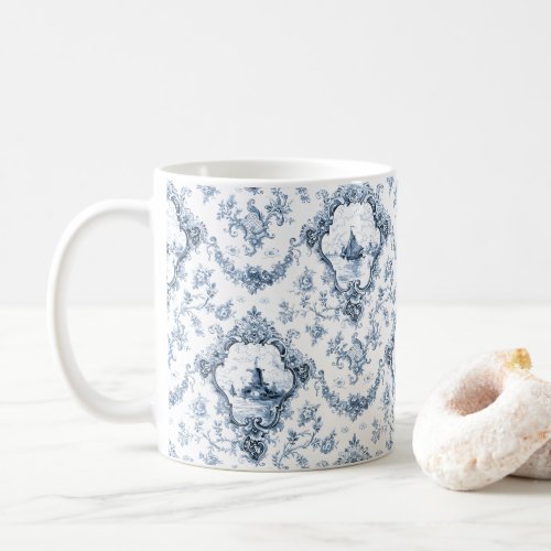 Engraved Floral Toile wWindmill  Boats_Blue Coffee Mug