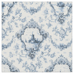 Engraved Floral Toile w/Windmill &amp; Boats-Blue Fabric