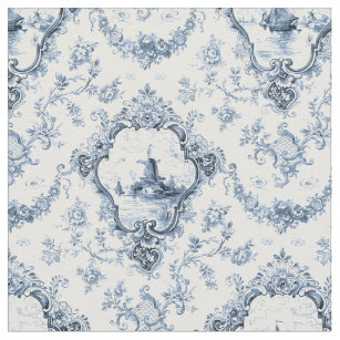 Engraved Floral Toile w/Windmill & Boats-Blue Fabric