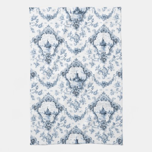 Engraved Floral Toile wWindmill  Boats_Blue Kitchen Towel