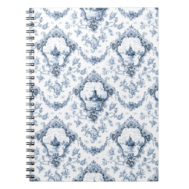 Engraved Floral Toile w/Windmill & Boats-Blue Notebook (Front)