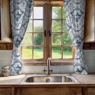 Engraved Floral Toile w/Windmill & Boats-Blue Sheer Curtains