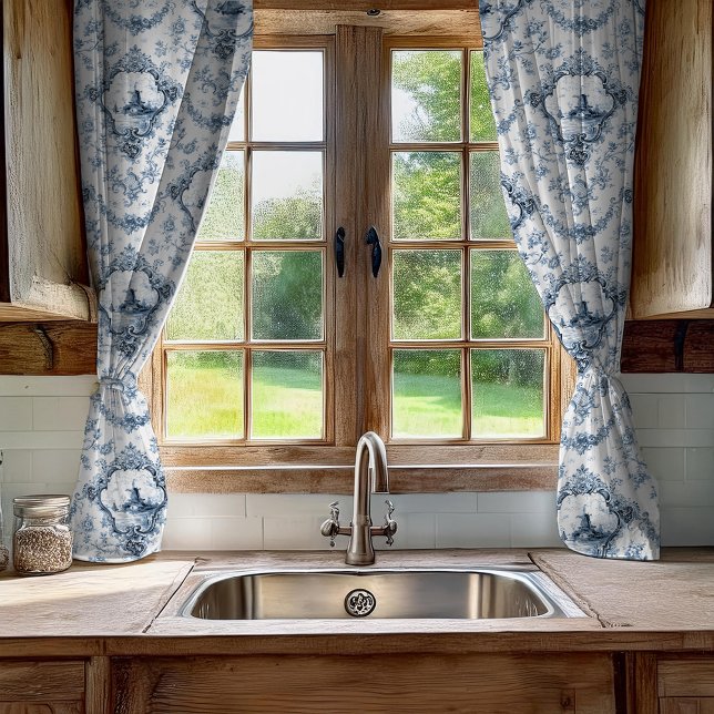 Engraved Floral Toile w/Windmill & Boats-Blue Sheer Curtains (Creator Uploaded)