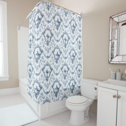 Engraved Floral Toile wWindmill  Boats_Blue Shower Curtain