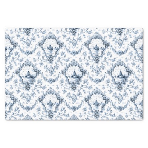 Engraved Floral Toile wWindmill  Boats_Blue Tissue Paper