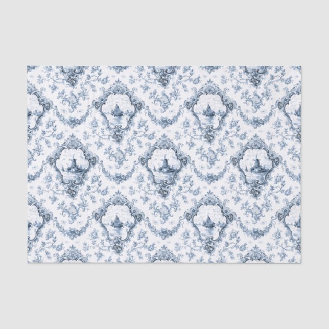 Engraved Floral Toile w/Windmill & Boats-Blue Tissue Paper (Front)
