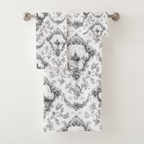 Engraved Floral Toile wWindmill  Boats_Gray Bath Towel Set