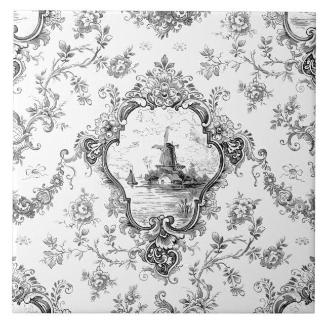 Engraved Floral Toile w/Windmill & Boats-Gray Ceramic Tile (Front)