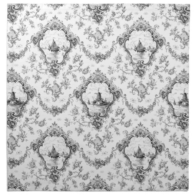 Engraved Floral Toile w/Windmill & Boats-Gray Cloth Napkin (Front)