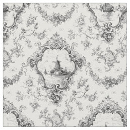 Engraved Floral Toile w/Windmill &amp; Boats-Gray Fabric