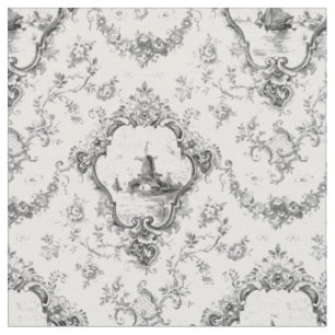 Engraved Floral Toile w/Windmill & Boats-Gray Fabric