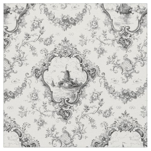 Engraved Floral Toile wWindmill  Boats_Gray Fabric