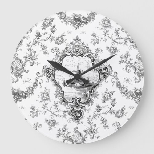 Engraved Floral Toile wWindmill  Boats_Gray Large Clock