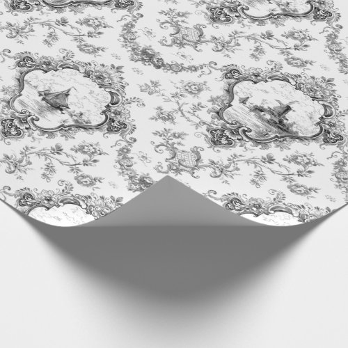 Engraved Floral Toile wWindmill  Boats_Gray Wrapping Paper