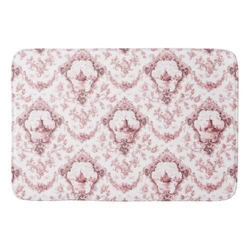 Engraved Floral Toile wWindmill  Boats_Pink Bath Mat
