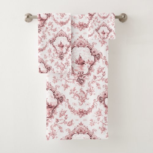 Engraved Floral Toile wWindmill  Boats_Pink Bath Towel Set