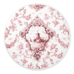 Engraved Floral Toile w/Windmill & Boats-Pink Ceramic Knob