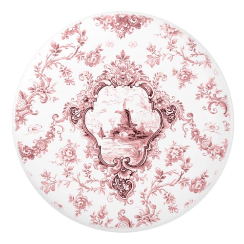 Engraved Floral Toile wWindmill  Boats_Pink Ceramic Knob