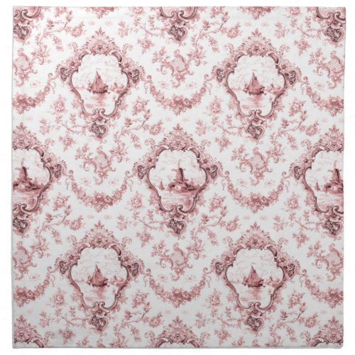 Engraved Floral Toile wWindmill  Boats_Pink Cloth Napkin