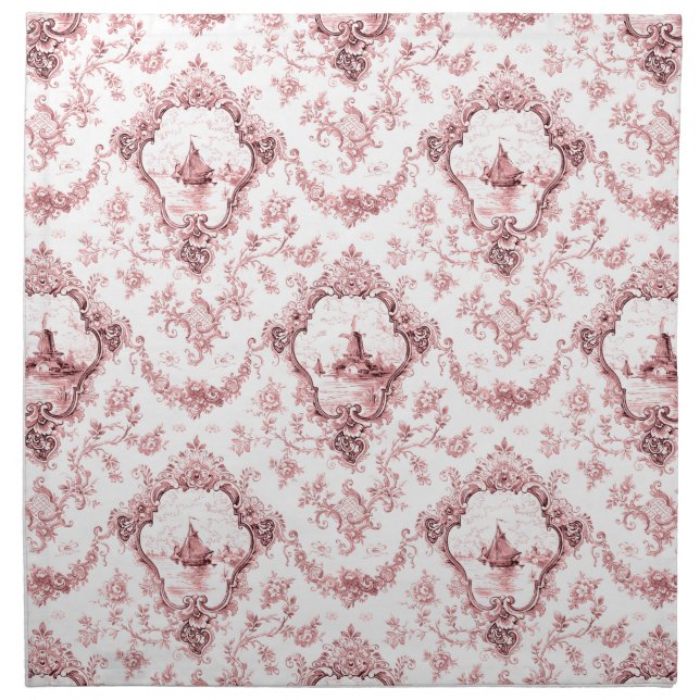 Engraved Floral Toile w/Windmill & Boats-Pink Cloth Napkin (Front)