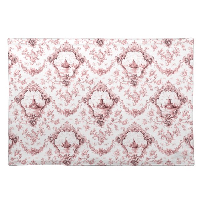 Engraved Floral Toile w/Windmill & Boats-Pink Cloth Placemat (Front)