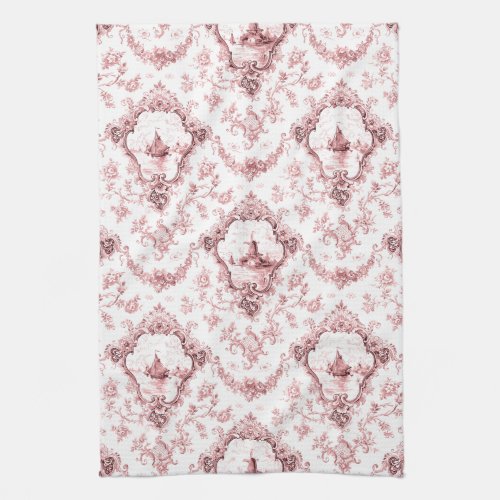 Engraved Floral Toile wWindmill  Boats_Pink Kitchen Towel