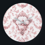 Engraved Floral Toile w/Windmill & Boats-Pink Large Clock<br><div class="desc">Elegant classic engraved pink and white floral toile pattern featuring windmill and sailboat vignettes in ornate Rococo medallions with garlands of roses and swirling vines. Pattern is seamless and can be scaled up or down.</div>