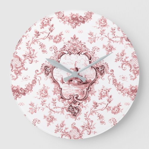 Engraved Floral Toile wWindmill  Boats_Pink Large Clock