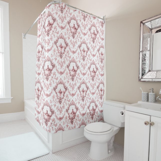 Engraved Floral Toile w/Windmill & Boats-Pink Shower Curtain (In Situ)