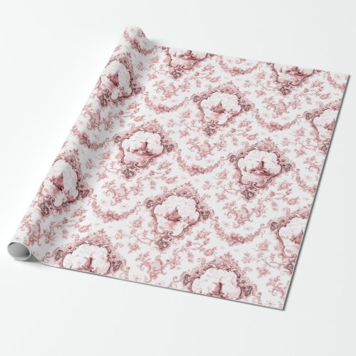 Engraved Floral Toile wWindmill  Boats_Pink Wrapping Paper