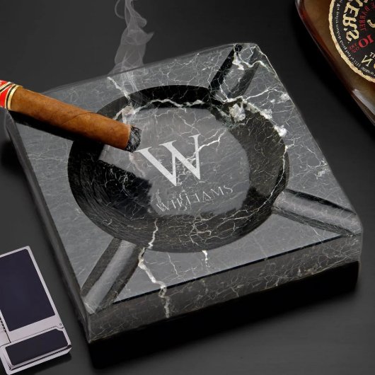 Engraved Genuine Black Marble Cigar Ashtray (Front)