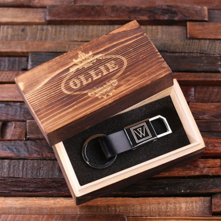 Engraved Gift Box And Black Leather Keychain
