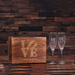 Engraved Gift Box and His & Hers Champagne Glasses<br><div class="desc">2 champagne glasses with wood gift box.</div>