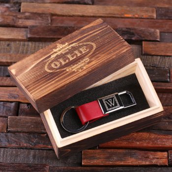 Engraved Gift Box And Red Leather & Steel Keychain by tealsprairie at Zazzle