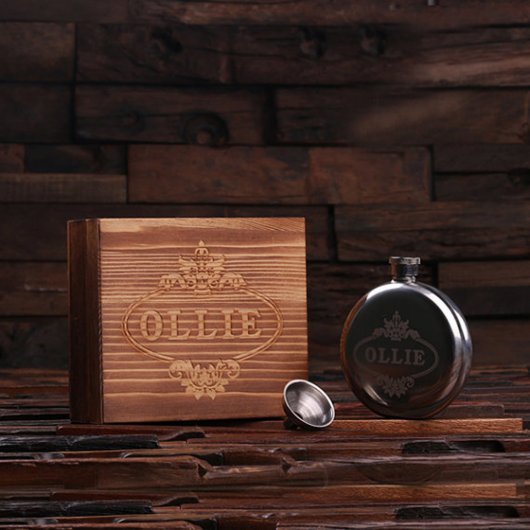 Engraved Gift Box & Round 5 oz. Steel Hip Flask (Front)
