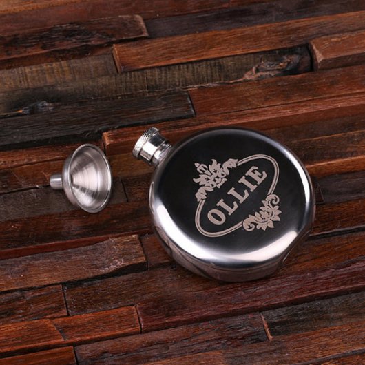 Engraved Gift Box & Round 5 oz. Steel Hip Flask (Top)